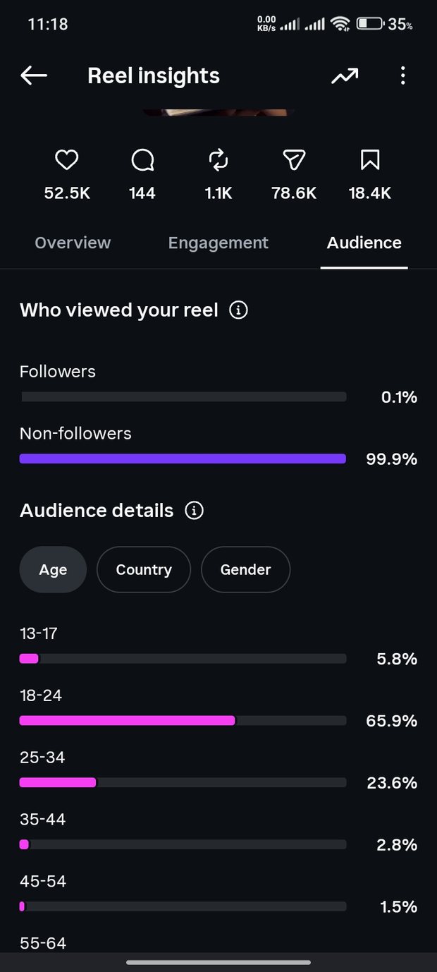The audience tab for the first reel. 65.9% of the people who watched it were 18 to 24, and 23.6% were 25 to 34.